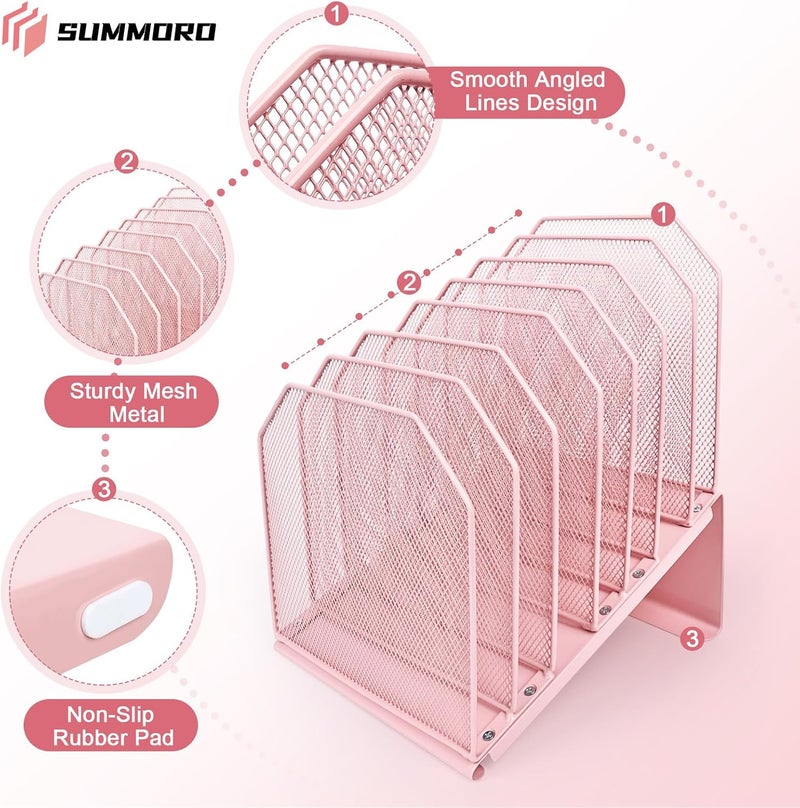 SUMMORE Inclined File Organizer for Desk, 7-Tier Vertical File Folder Holder Office Desk Organizer Metal Rack File Wire Mesh Desktop Document Sorter for Office School Classroom Home (Pink) - Image 5